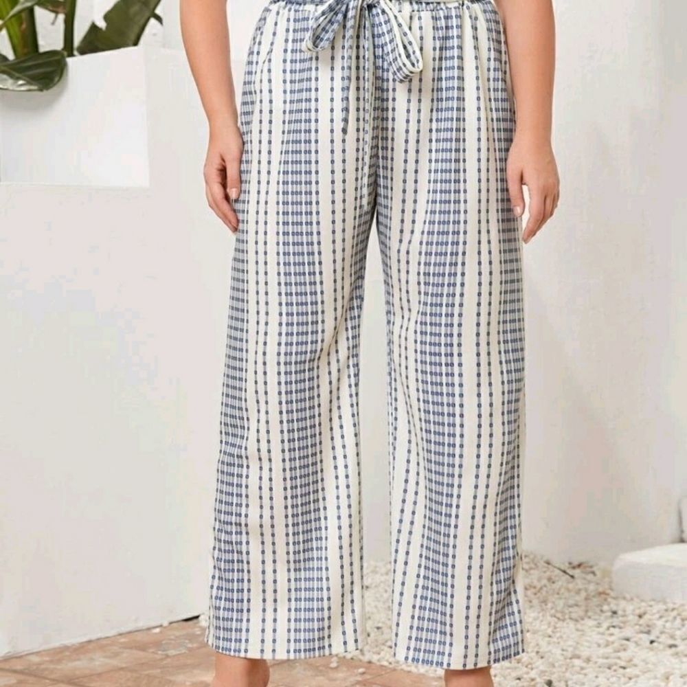 Plus Striped Belted Wide Leg Pants
